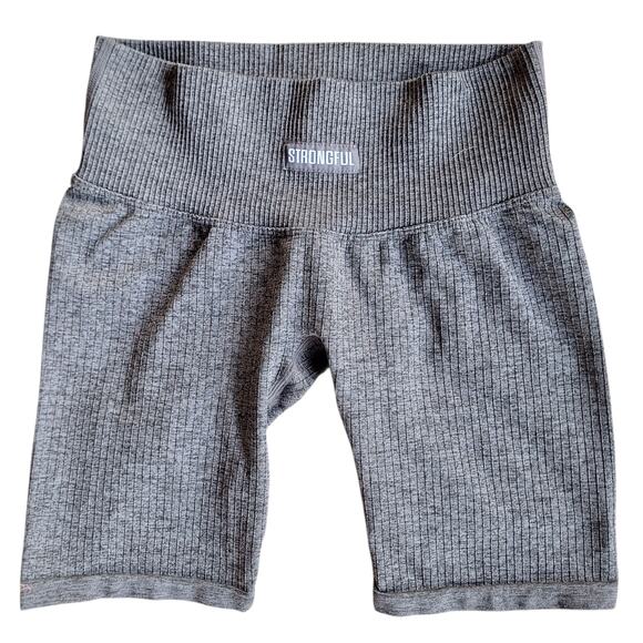 Strongful high rise athletic shorts gray size M ribbed compression biker gym - Picture 1 of 4
